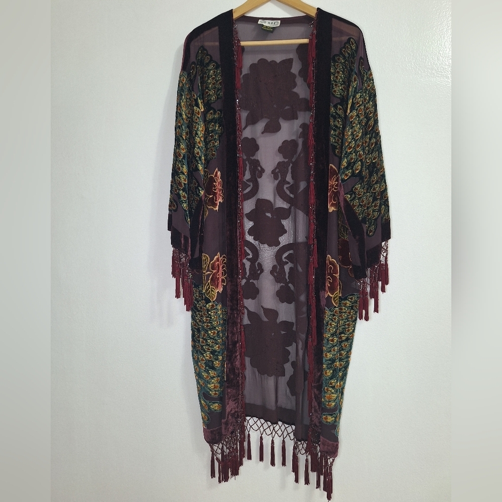 IAN Art Deco Peacock Burnout Velvet Beaded Evening Kimono